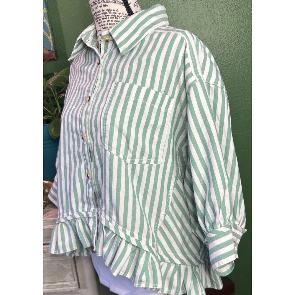 Boxy Button Down Striped Blouse Balloon Sleeve Sz Large Lagen Coastal Summer